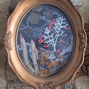 10x12in VINTAGE FRAMED TEXTILE AND DRIED FLOWER ART MIX MEDIA MEDIA 2pc set
